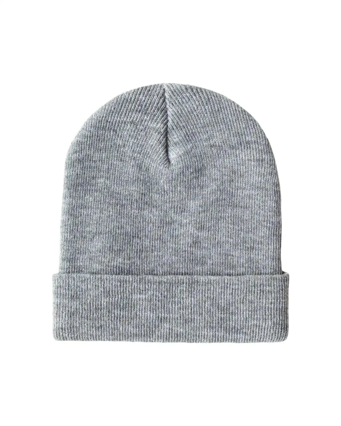 Gray knit beanie with folded cuff and central seam detail