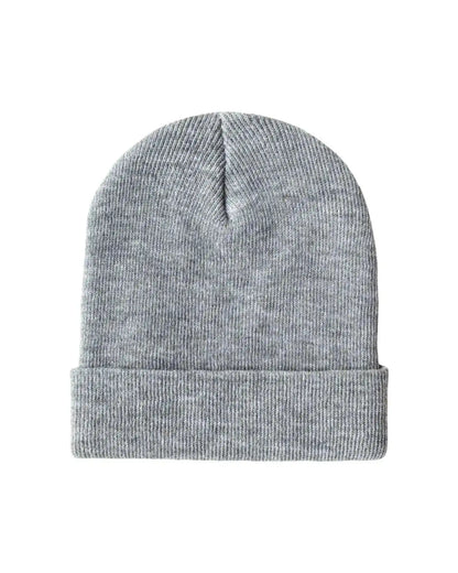 Gray knit beanie with folded cuff and central seam detail
