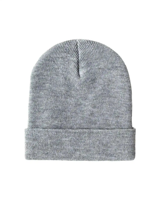 Gray knit beanie with folded cuff and central seam detail