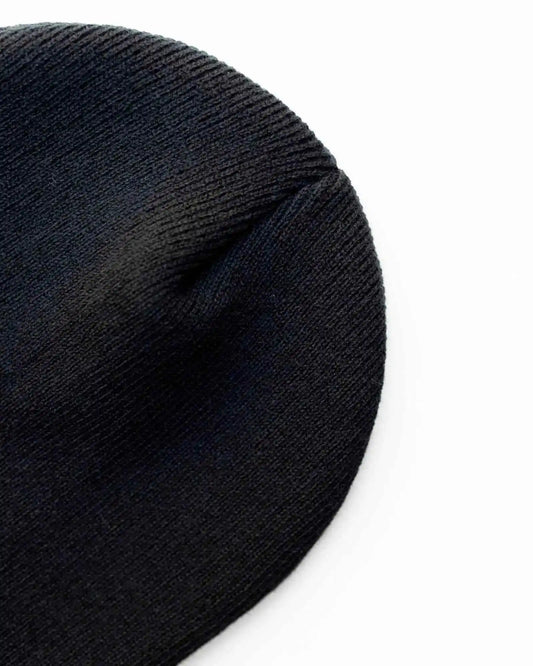 Midnight black knit beanie close-up, textured fabric