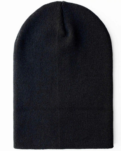 Midnight black cuffed knit beanie, front view