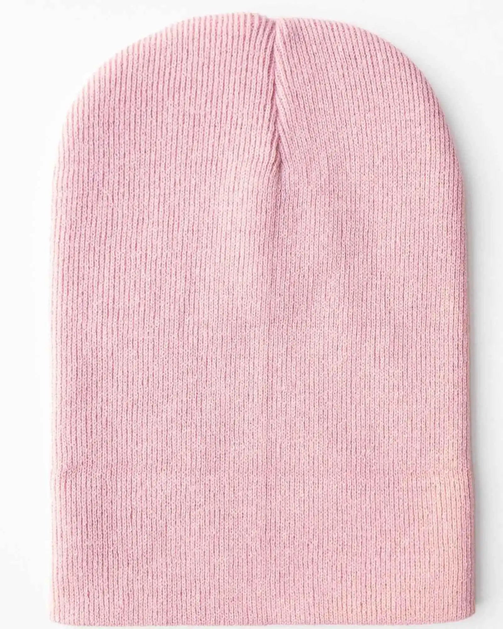 Pink ribbed knit beanie with smooth, rounded crown