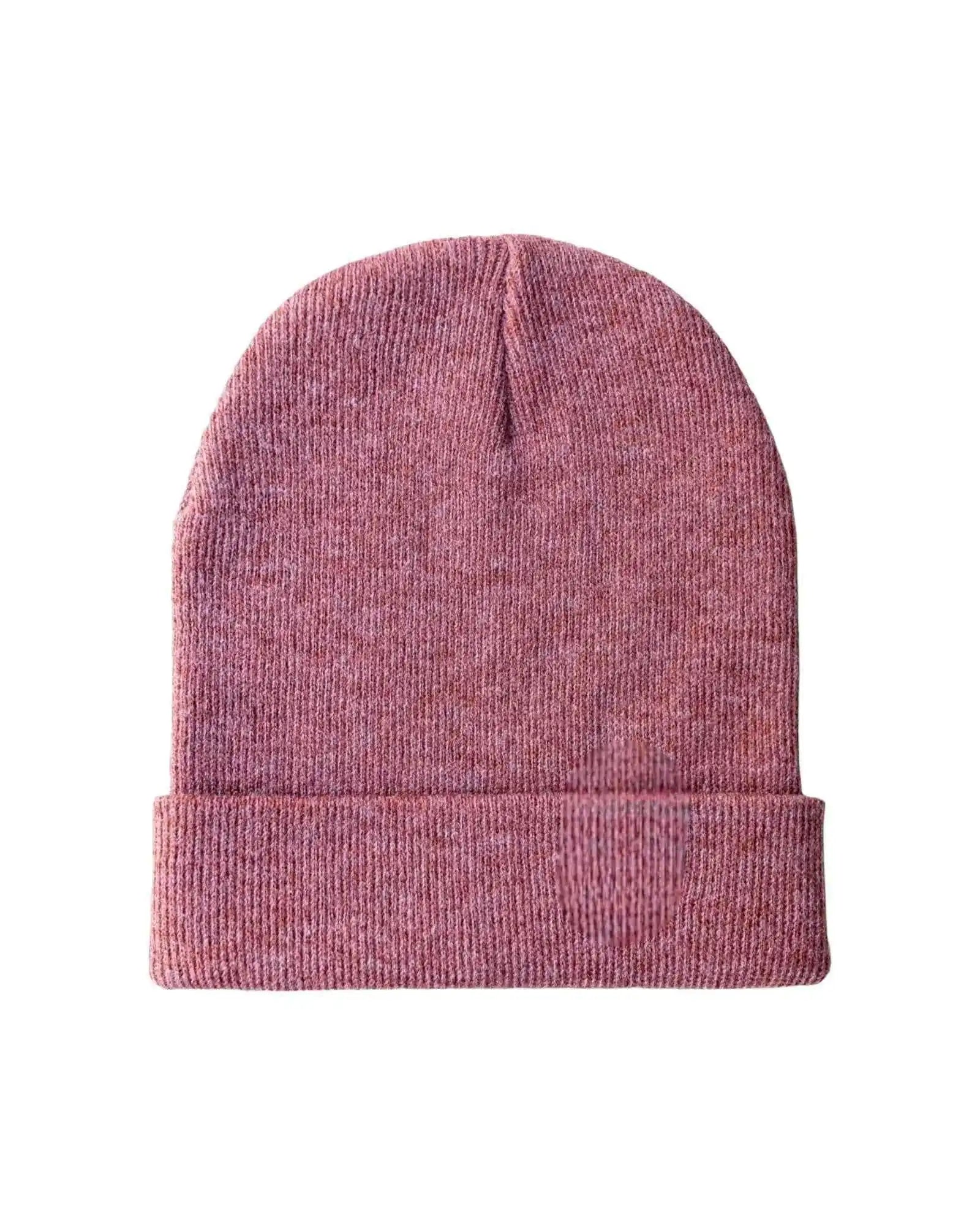 Burgundy knit beanie with folded cuff, ribbed texture and central seam