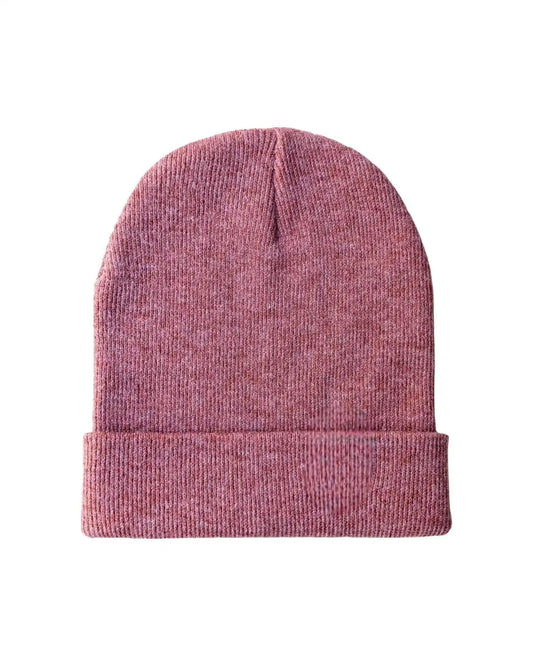 Burgundy knit beanie with folded cuff, ribbed texture and central seam