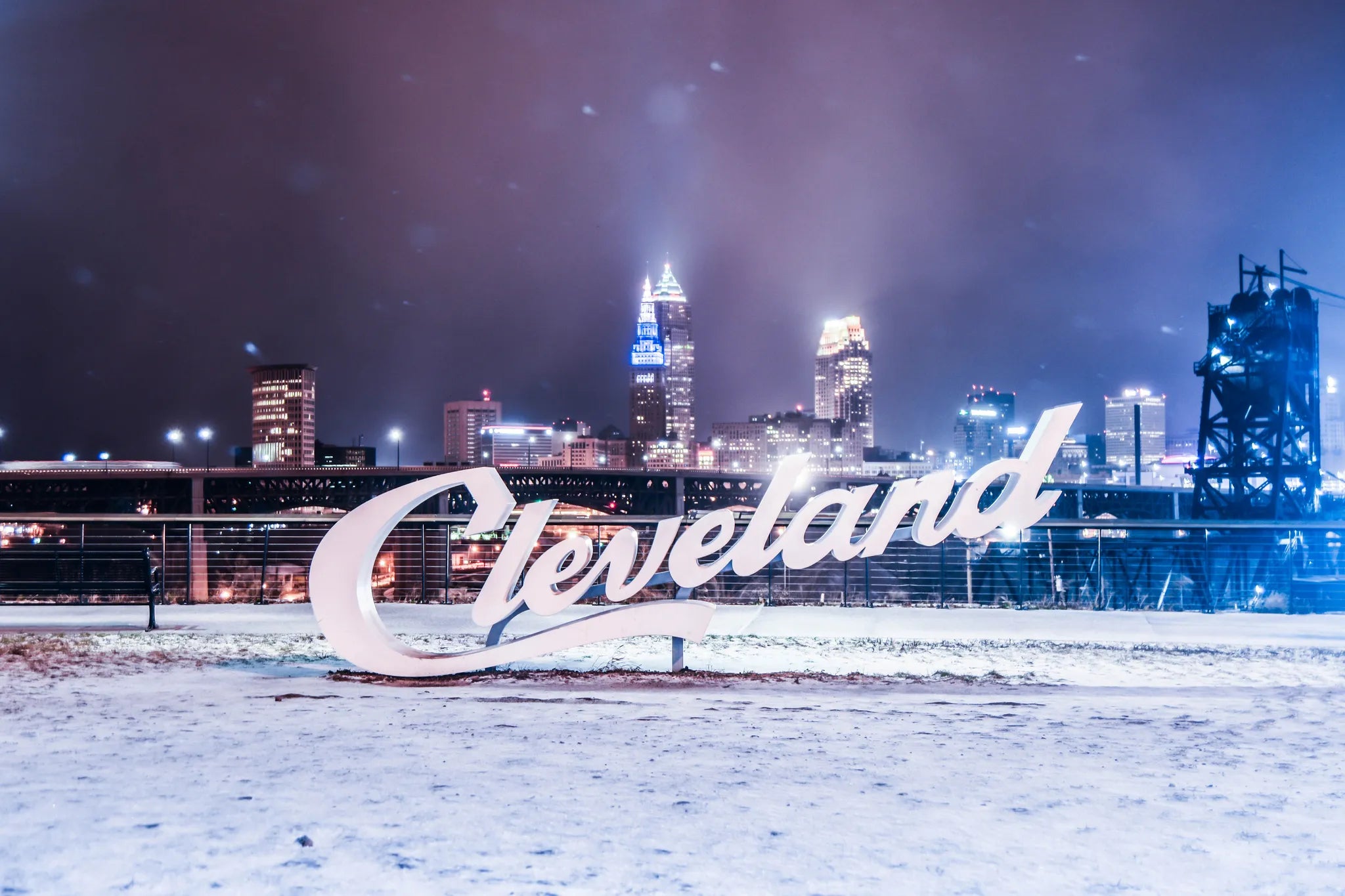 City skyline with 'Cleveland' sign in snow