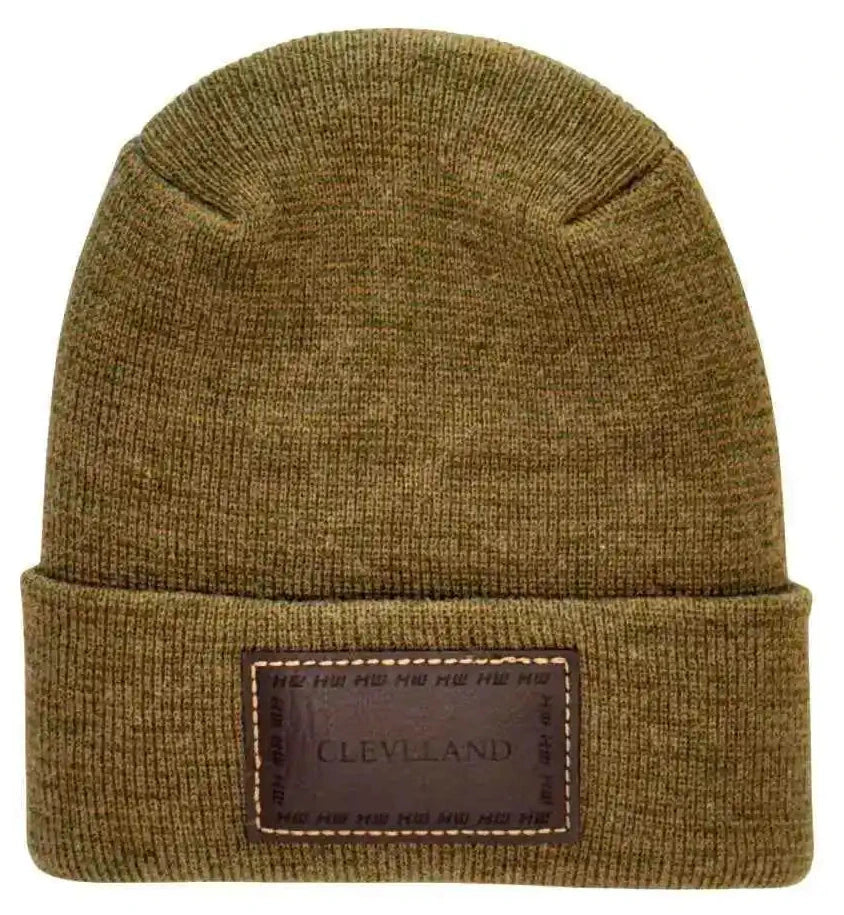 Brown knit beanie with folded cuff and stitched rectangular Cleveland patch