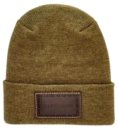 Brown knit beanie with folded cuff and stitched rectangular Cleveland patch