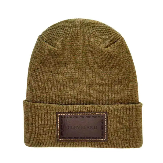 Cuffed knit beanie, brown-green fusion with front rectangular patch