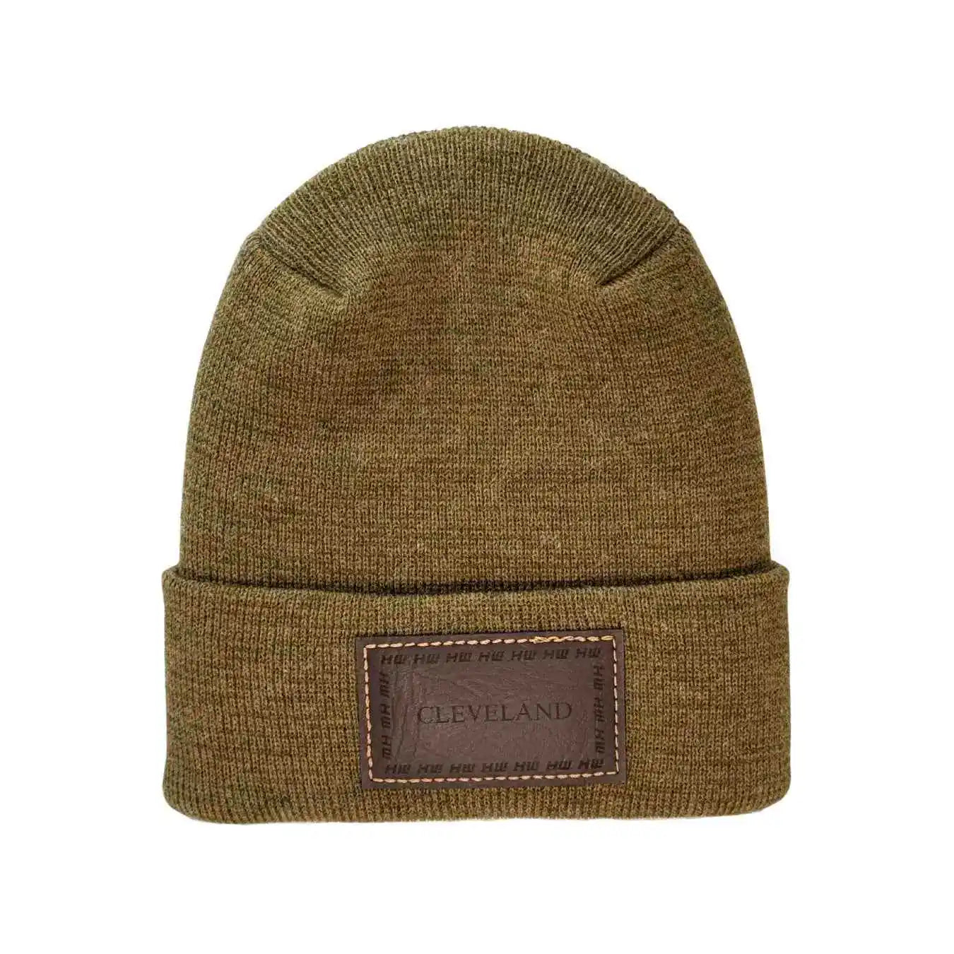 Brown knit beanie with folded cuff and stitched Cleveland logo patch