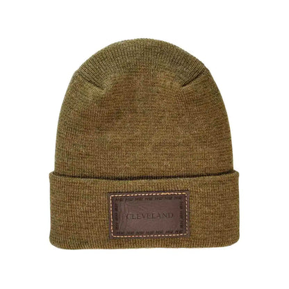 Brown knit beanie with folded cuff and stitched Cleveland logo patch