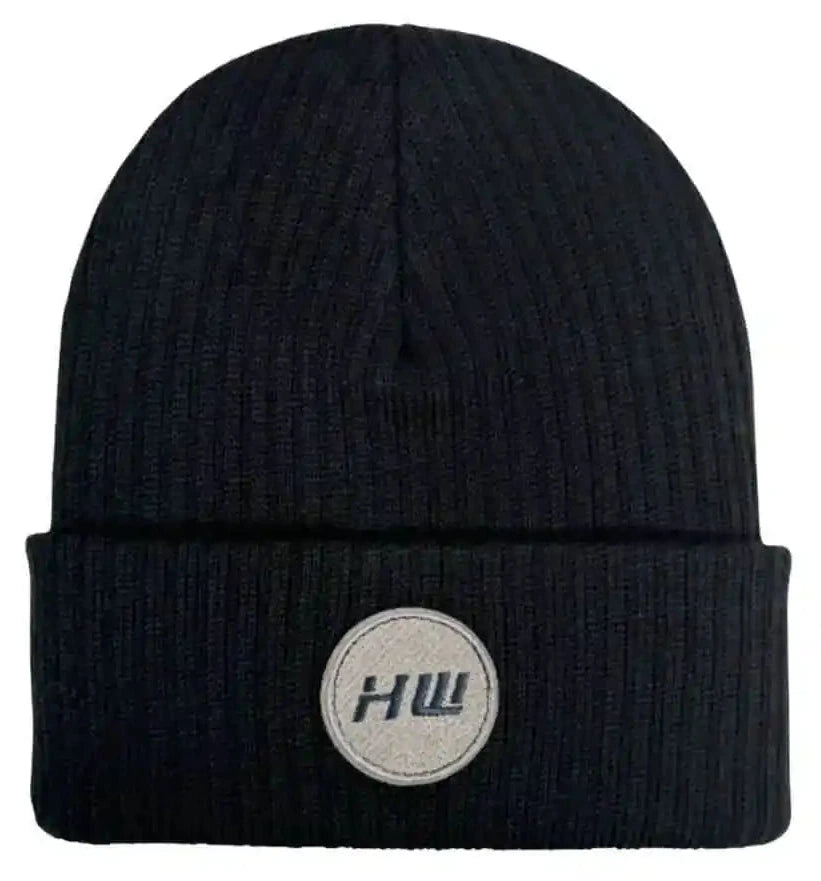 Black ribbed beanie with folded cuff and round logo patch
