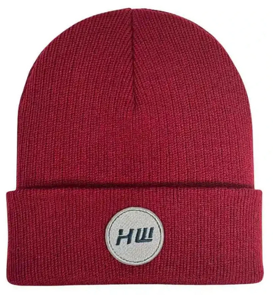 Burnt maroon ribbed beanie with folded cuff and circular logo patch