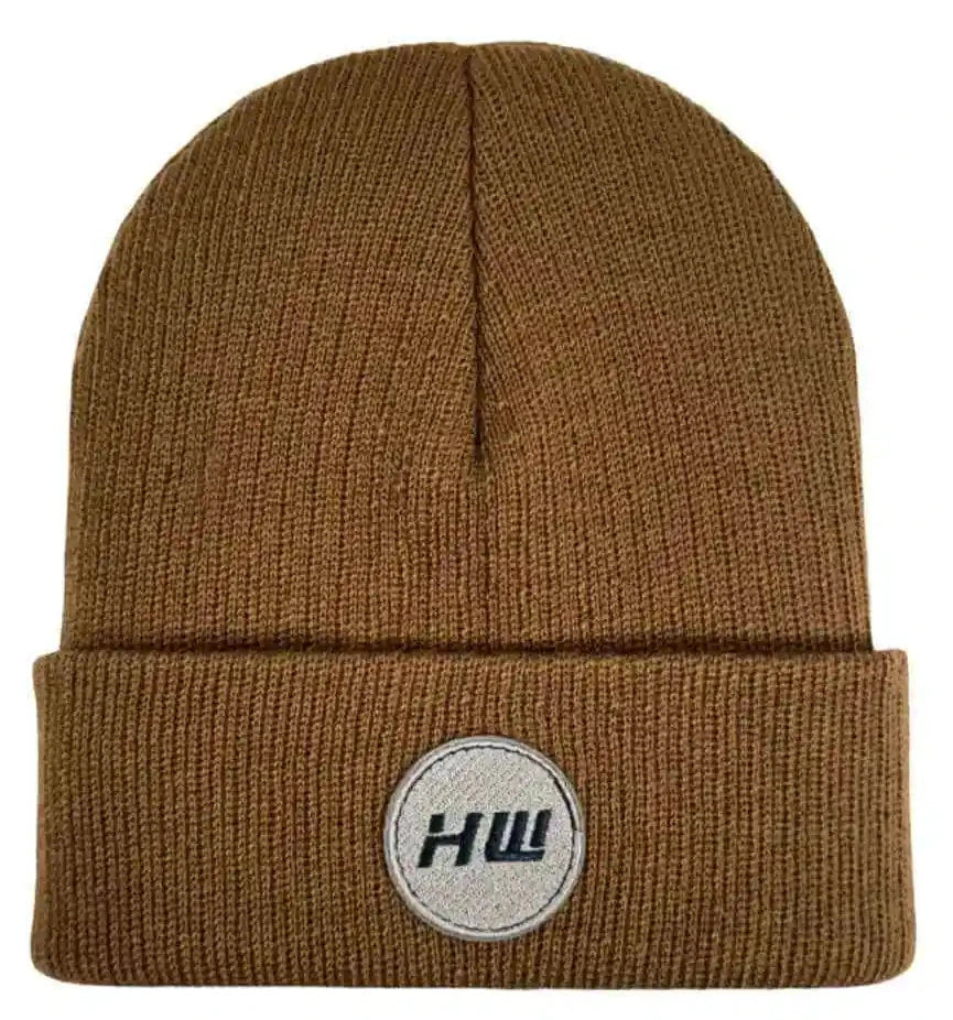 Camel brown wide-rib knit beanie with cuff and round logo patch