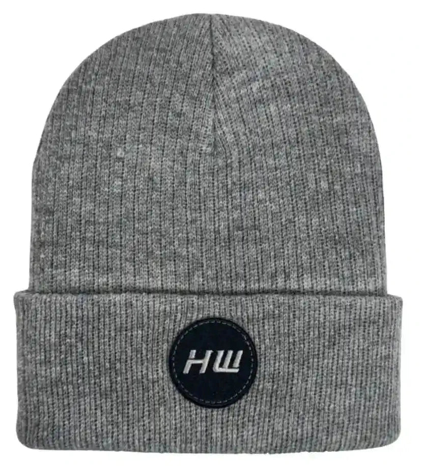 Ribbed cuffed beanie in heather gray with round HW logo patch