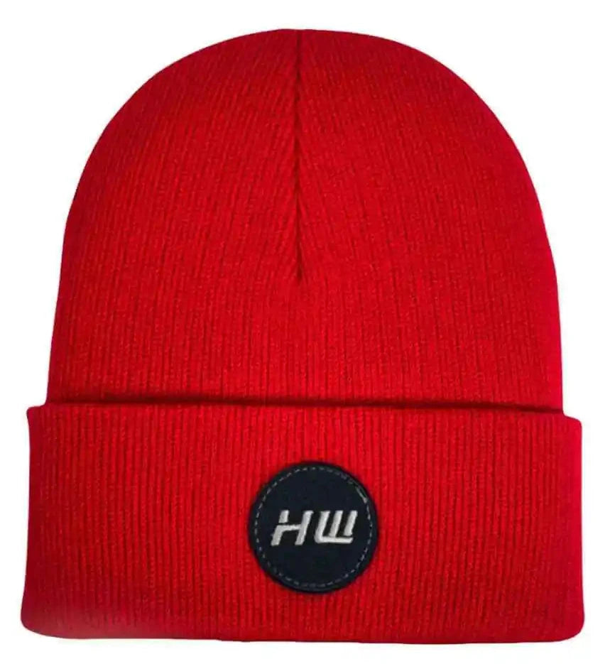 Red ribbed cuff beanie with round HLL logo patch