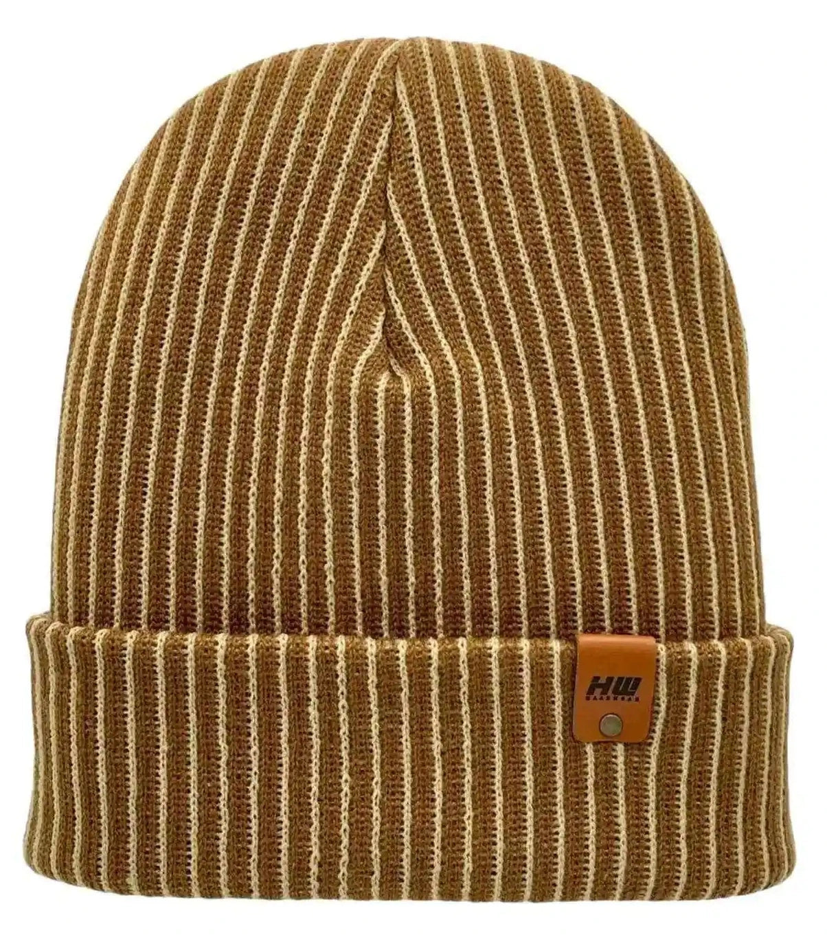 Cuffed wide ribbed striped beanie in beige and brown with contrast patch