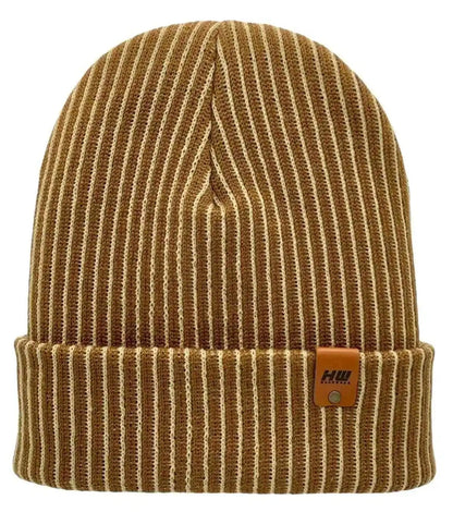 Cuffed wide ribbed striped beanie in beige and brown with contrast patch