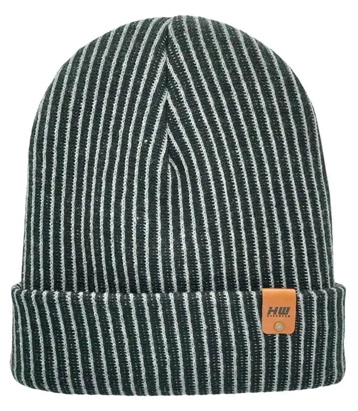 Striped ribbed beanie with cuff, dark green and white knit stripes, small contrast patch