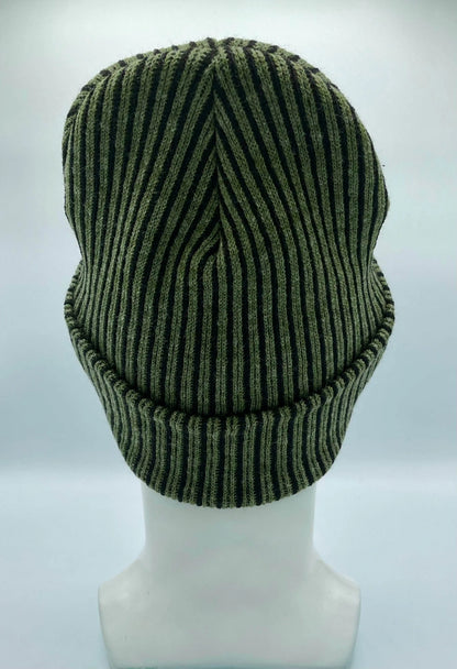 Green ribbed striped beanie with wide cuff, rounded top with vertical seam detail