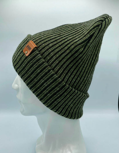 Green ribbed striped beanie with wide cuff and brown leather patch, contrast dark stripes