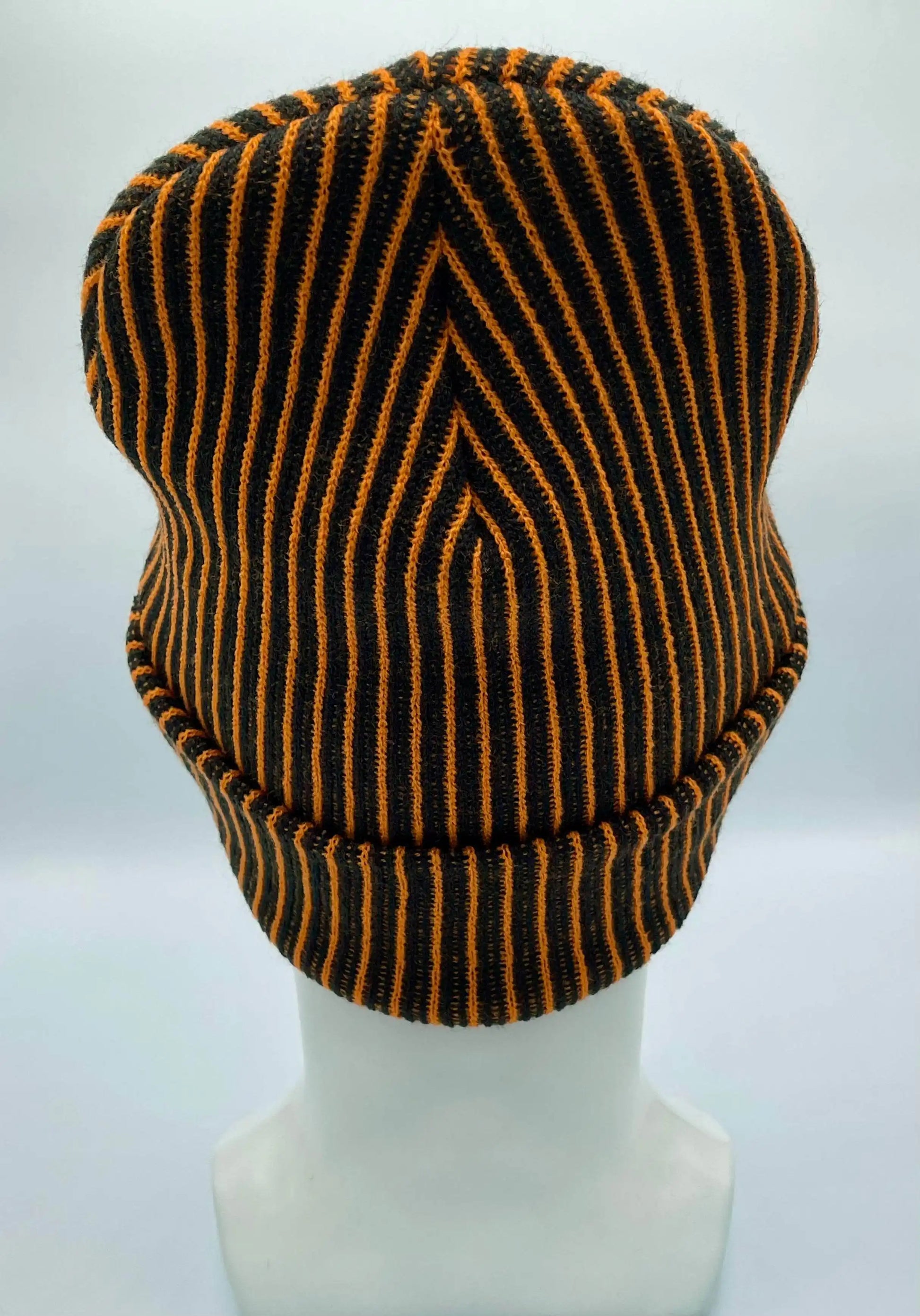 Black and orange striped beanie with folded crown and wide ribbed cuff