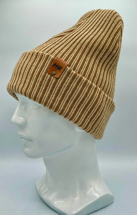 Cuffed Wide Ribbed Striped Beanie, Contrast, Brown and Beige, Classic Beanie Beanie Haakwear