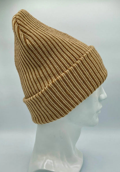 Brown and beige striped ribbed beanie with folded cuff