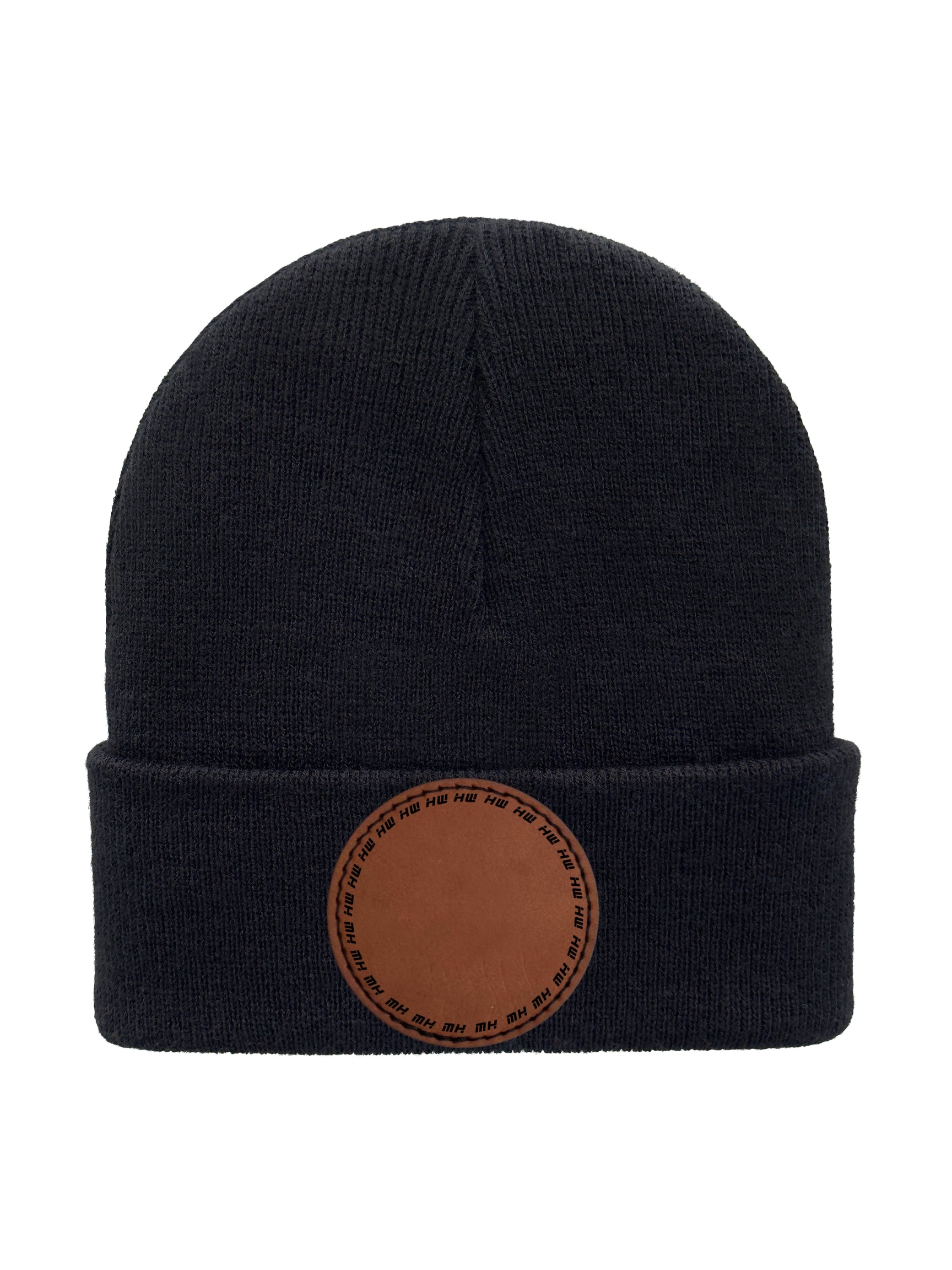 Black beanie with a brown leather patch on a white background