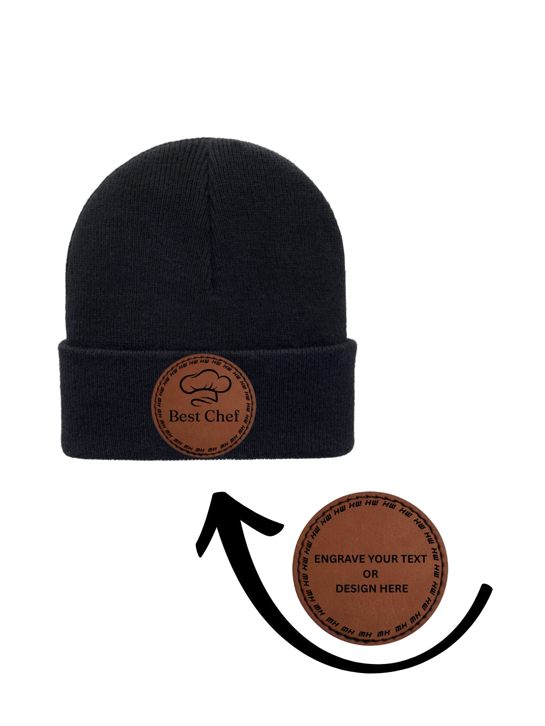 Black knit beanie with folded cuff and tan round patch for custom text