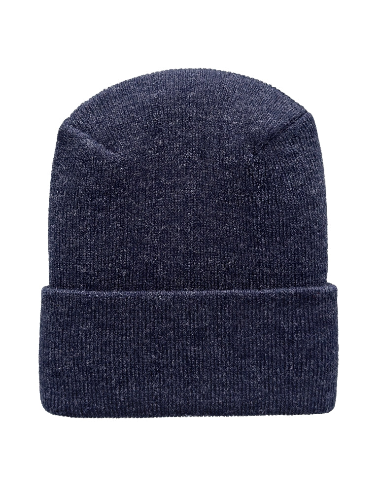Navy blue knit beanie on a white background