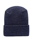 Navy blue knit beanie on a white background