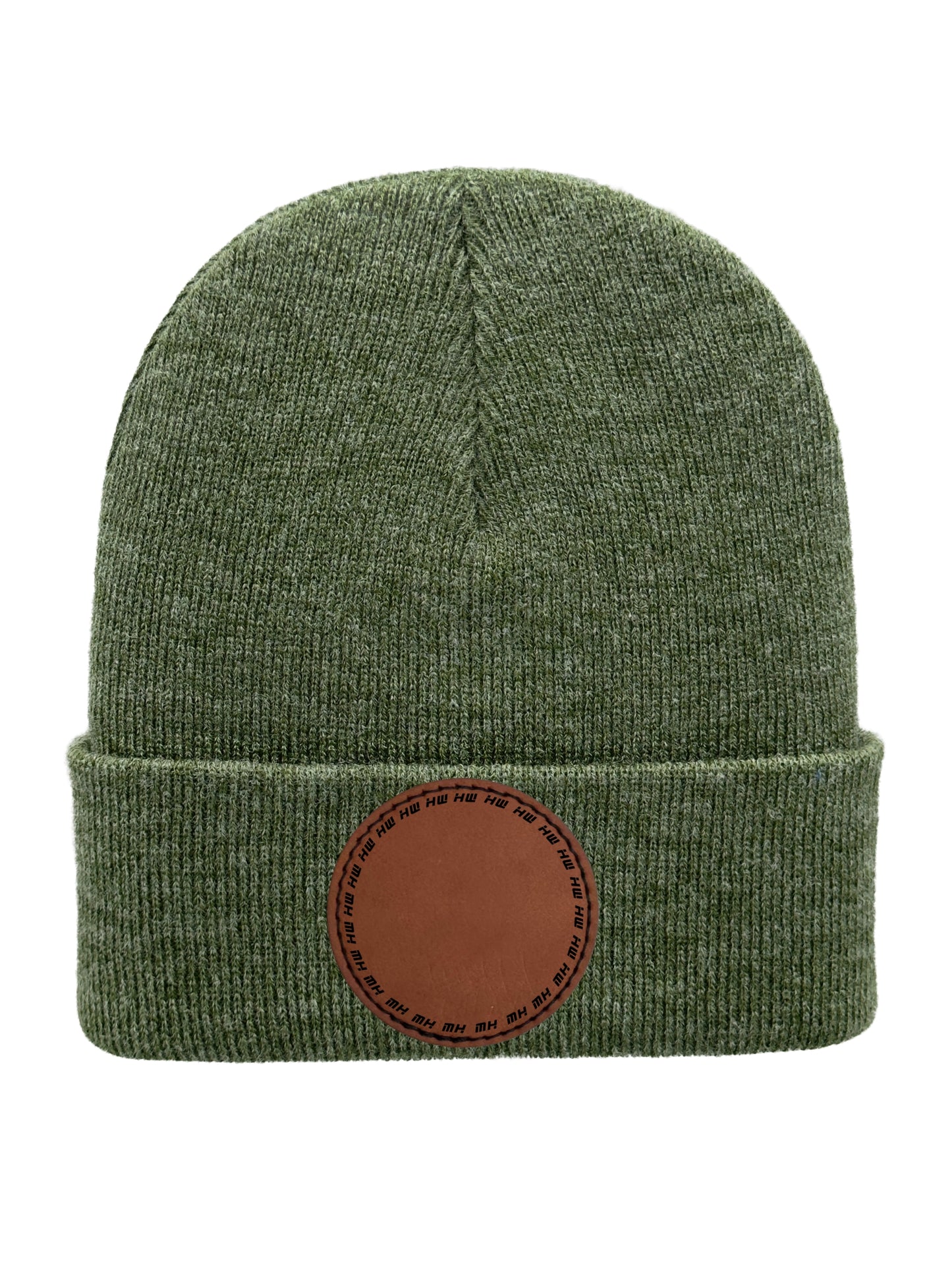 Green beanie with a brown leather patch on a white background