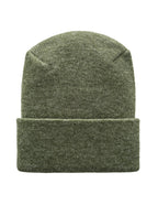 Green knit beanie winter hat on a white background