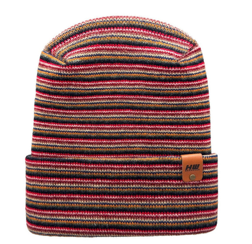 Multicolored striped beanie with a brand logo on a white background