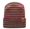 Multicolored striped beanie with a brand logo on a white background