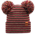 Multicolored striped beanie with pom-poms on a white background