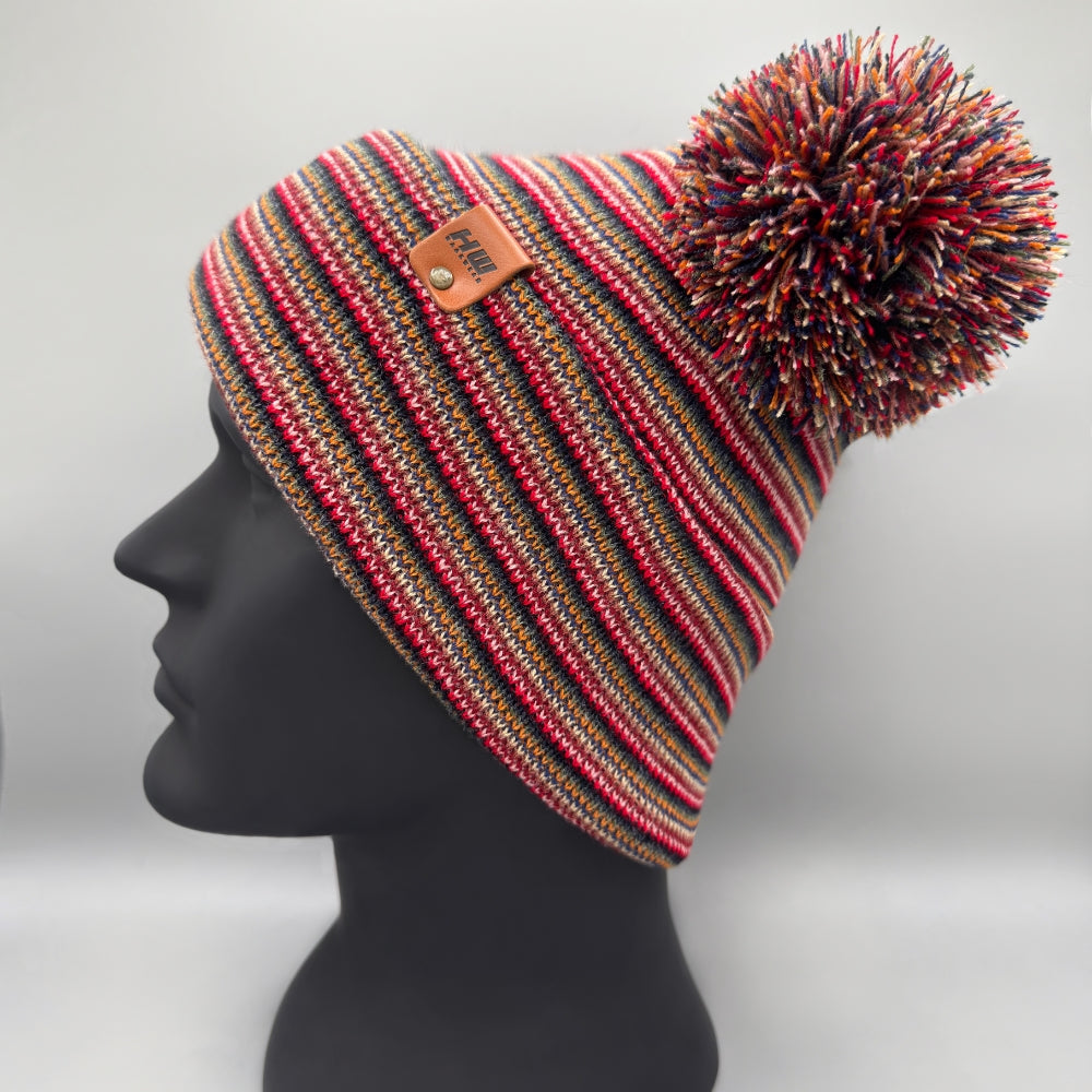 Double Pom Pom H Stitch Beanie, Multi Color Knit Winter Hat- Made in USA