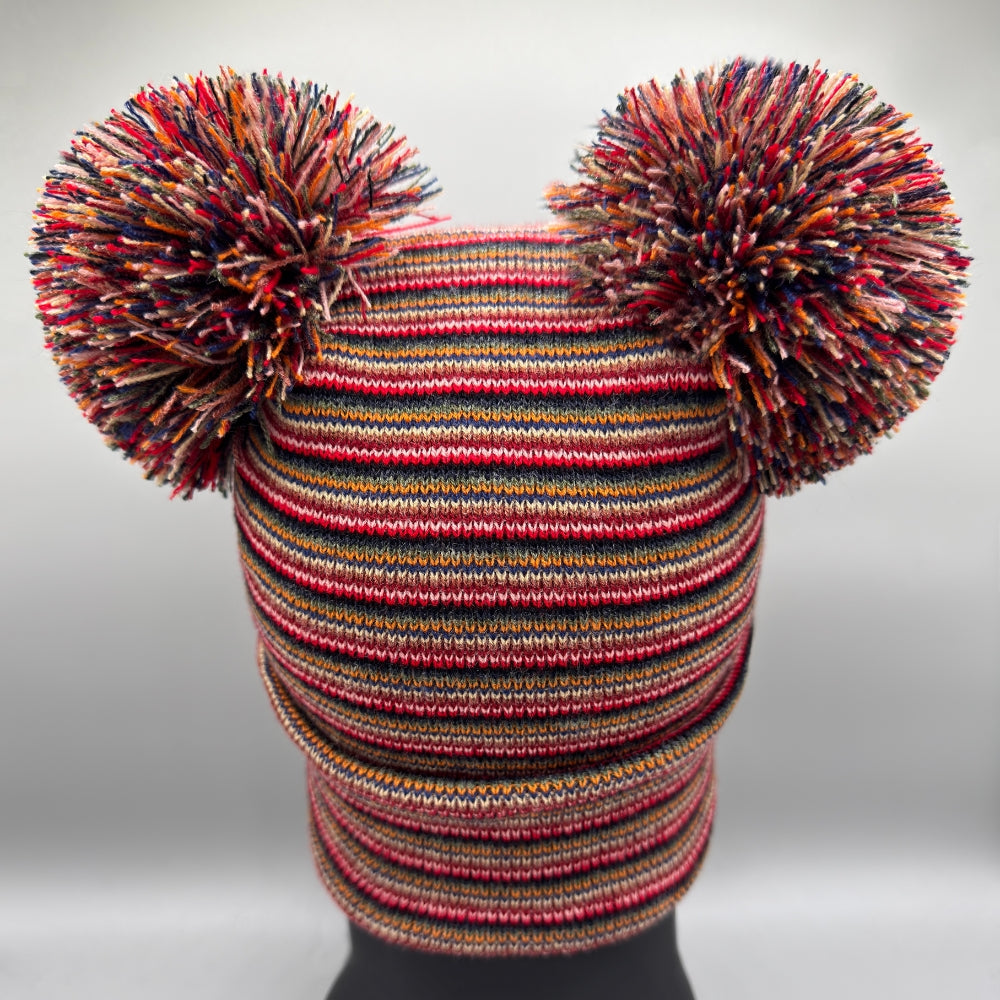 Double Pom Pom H Stitch Beanie, Multi Color Knit Winter Hat- Made in USA