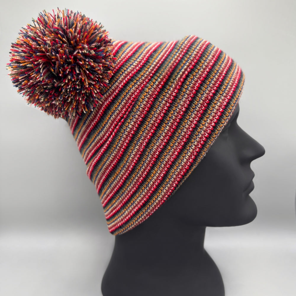 Double Pom Pom H Stitch Beanie, Multi Color Knit Winter Hat- Made in USA