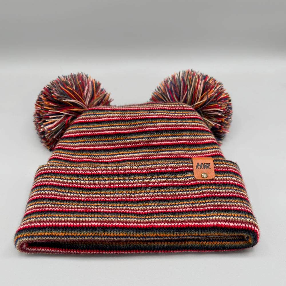 Double Pom Pom H Stitch Beanie, Multi Color Knit Winter Hat- Made in USA