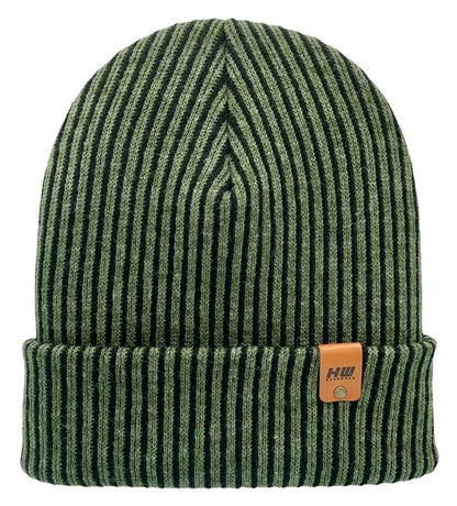 Ribbed striped beanie with cuff, green and dark contrast stripes, logo patch