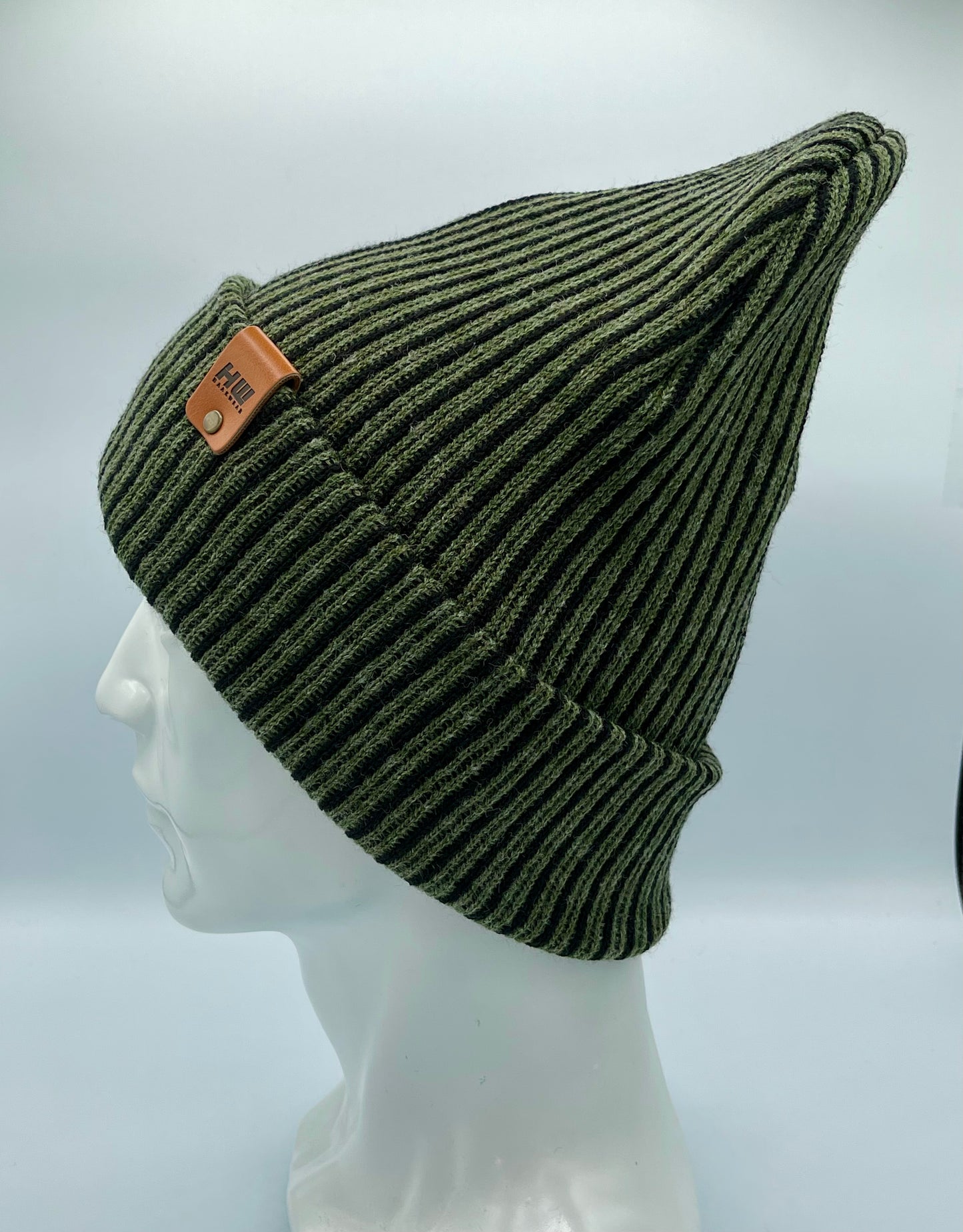 HAAKWEAR Cuffed Wide Ribbed Striped Beanie / Hat, Black / Green, Limited Edition - Made in USA HAAKWEAR