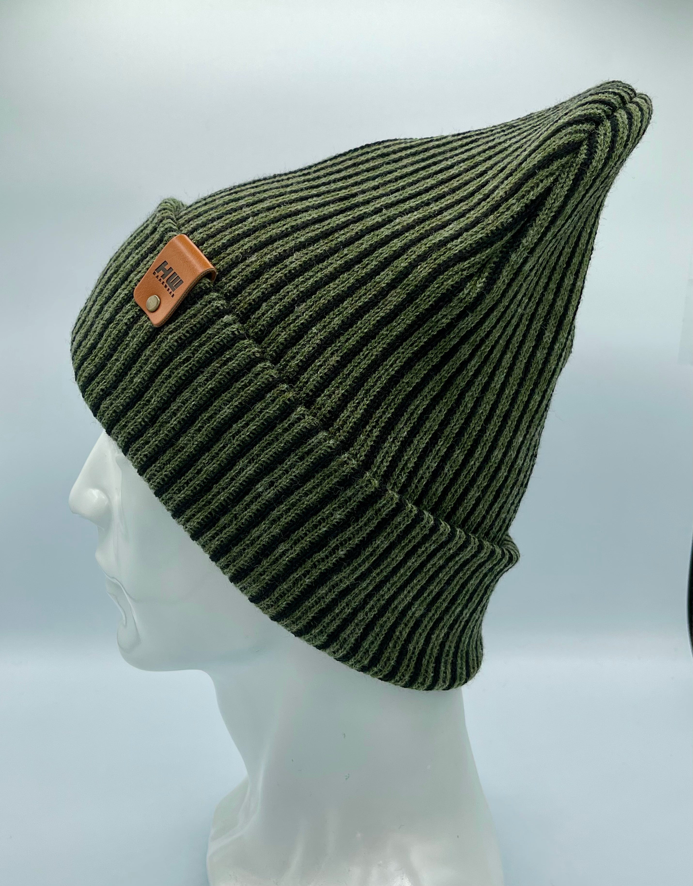 HAAKWEAR Cuffed Wide Ribbed Striped Beanie / Hat, Black / Green, Limited Edition - Made in USA.
