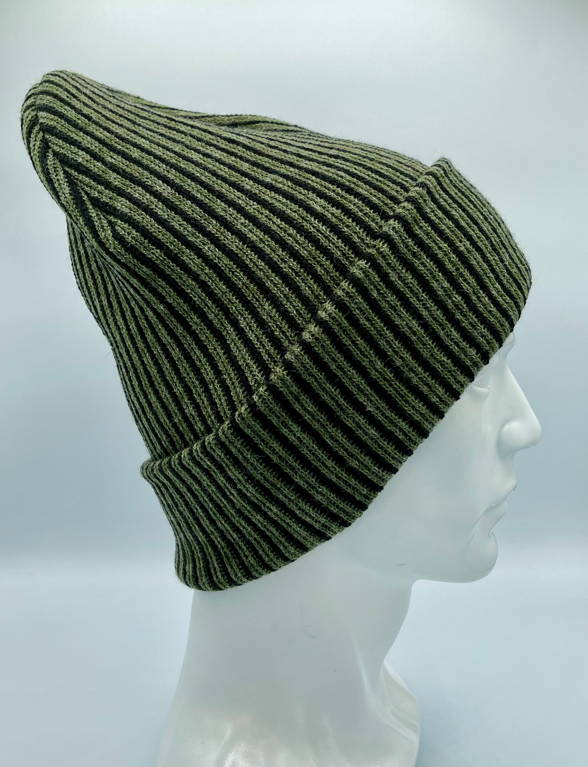 HAAKWEAR Cuffed Wide Ribbed Striped Beanie / Hat, Black / Green, Limited Edition - Made in USA HAAKWEAR