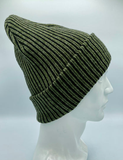 HAAKWEAR Cuffed Wide Ribbed Striped Beanie / Hat, Black / Green, Limited Edition - Made in USA HAAKWEAR