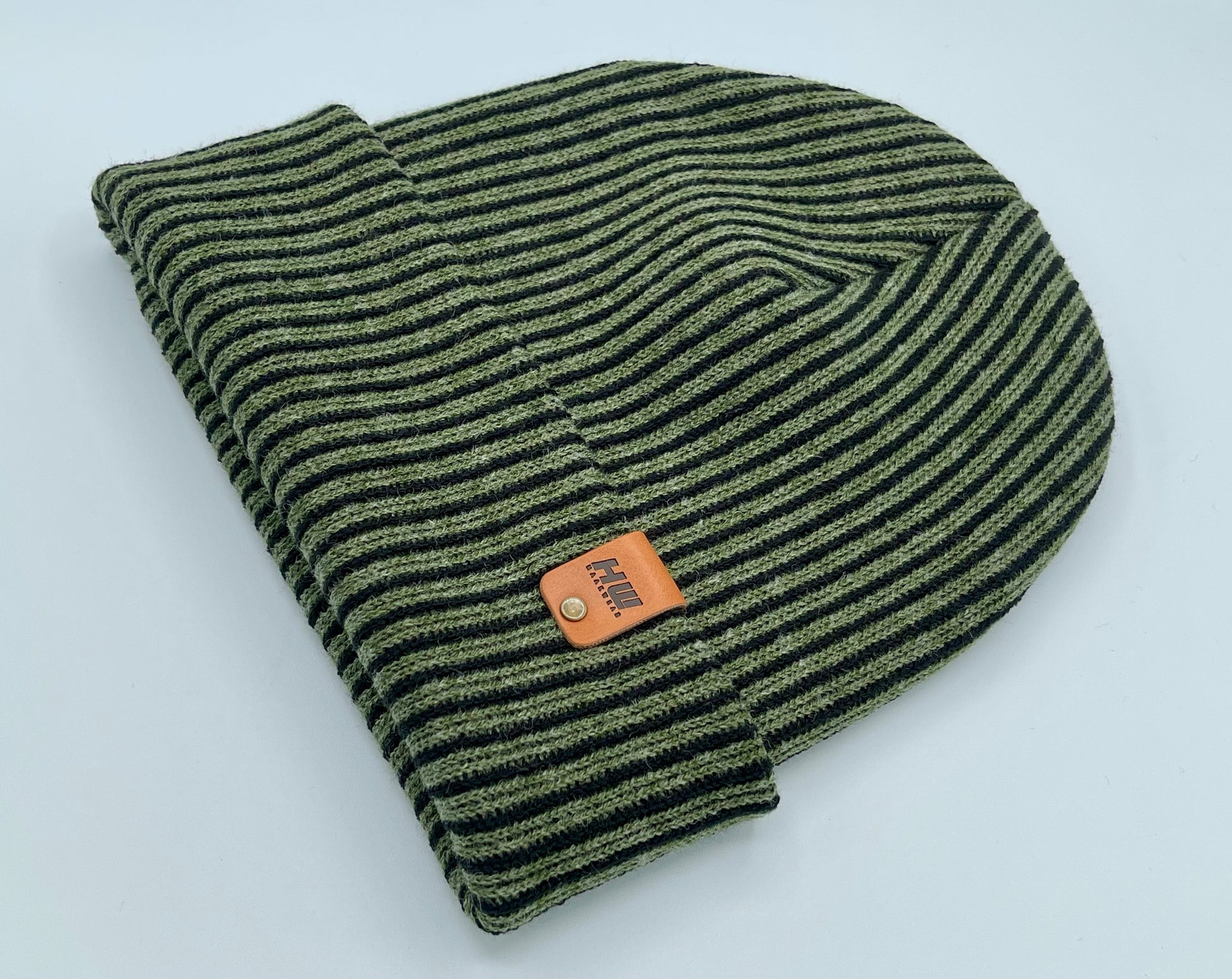 HAAKWEAR Cuffed Wide Ribbed Striped Beanie / Hat, Black / Green, Limited Edition - Made in USA HAAKWEAR