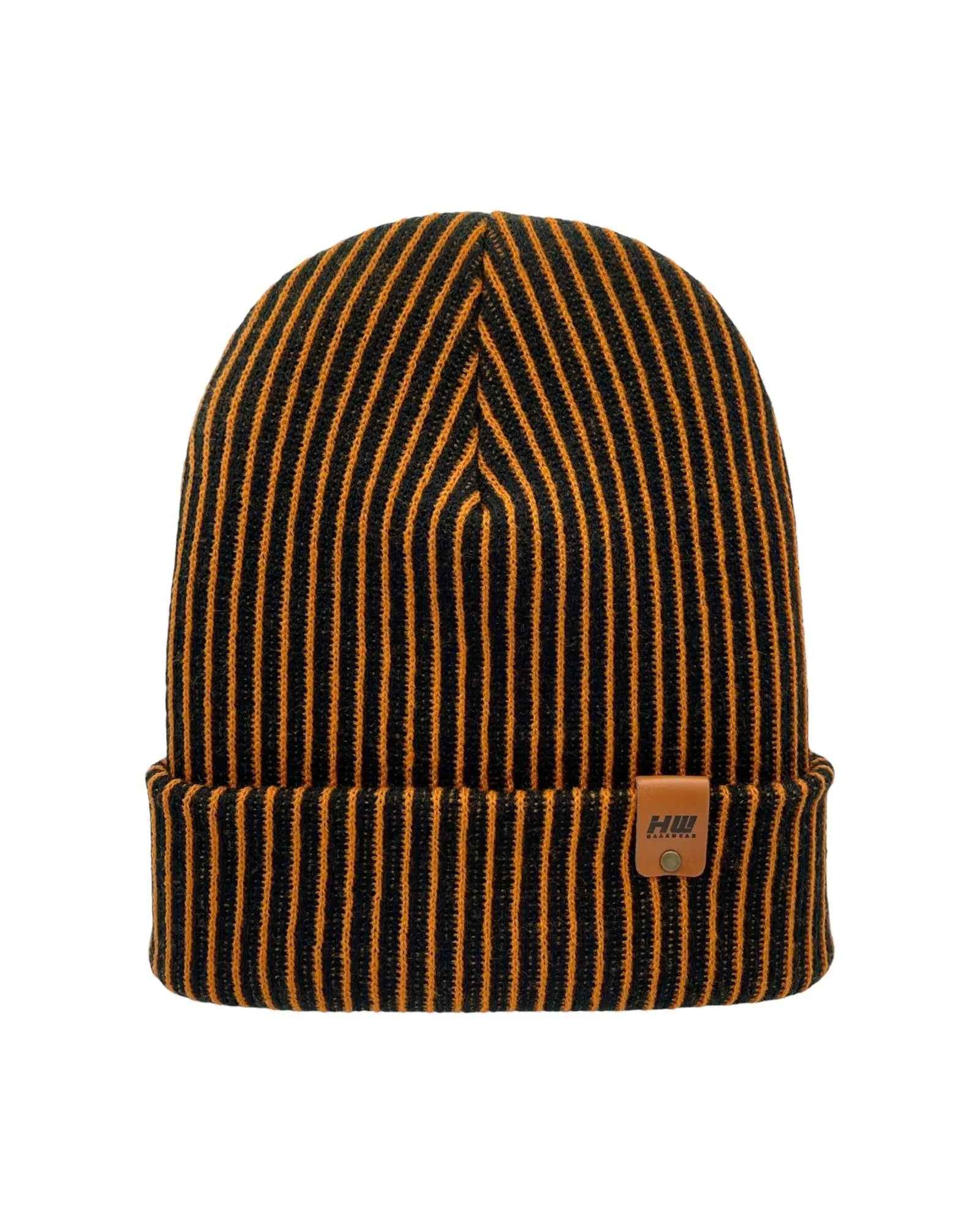 HAAKWEAR Cuffed Wide Ribbed Striped Beanie / Hat, Black / Orange, Limited Edition - Made in USA.