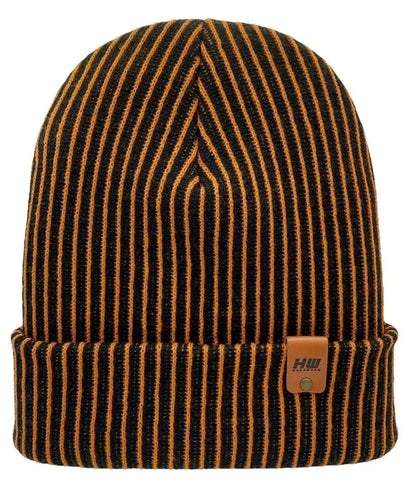 Black and orange striped ribbed beanie with wide cuff and woven tag