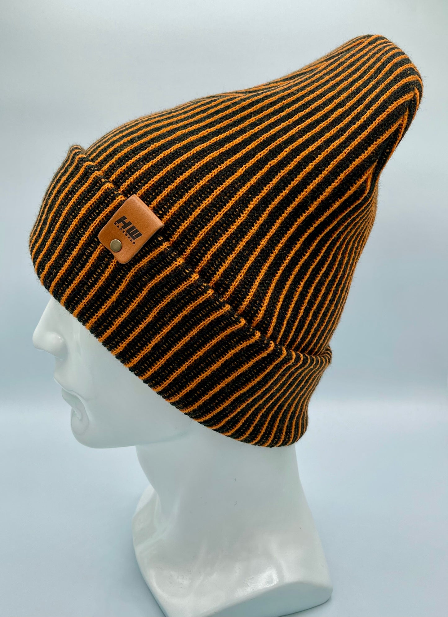 HAAKWEAR Cuffed Wide Ribbed Striped Beanie / Hat, Black / Orange, Limited Edition - Made in USA HAAKWEAR