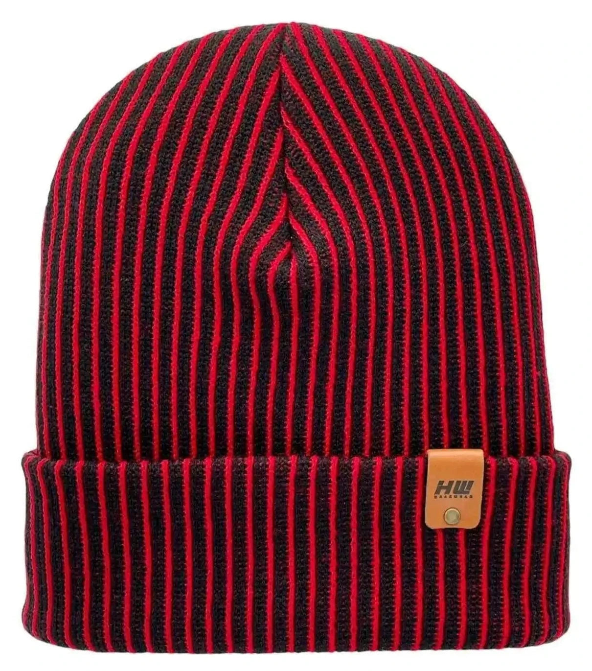 Black and red striped ribbed beanie with fold-over cuff and logo patch